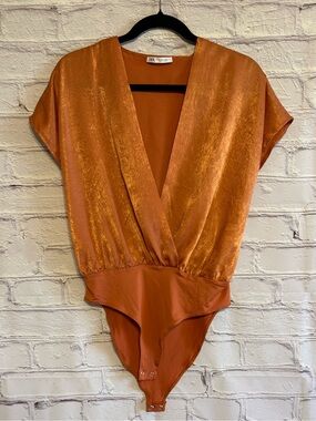 Zara Shimmery Burnt Orange Wrap Bodysuit